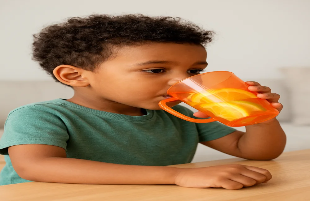 Autistic child drinking water from a colourful cup with fruit slices inside