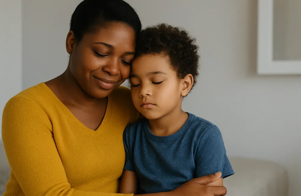 Parent of an autistic child sitting with a warm drink, taking a mindful break