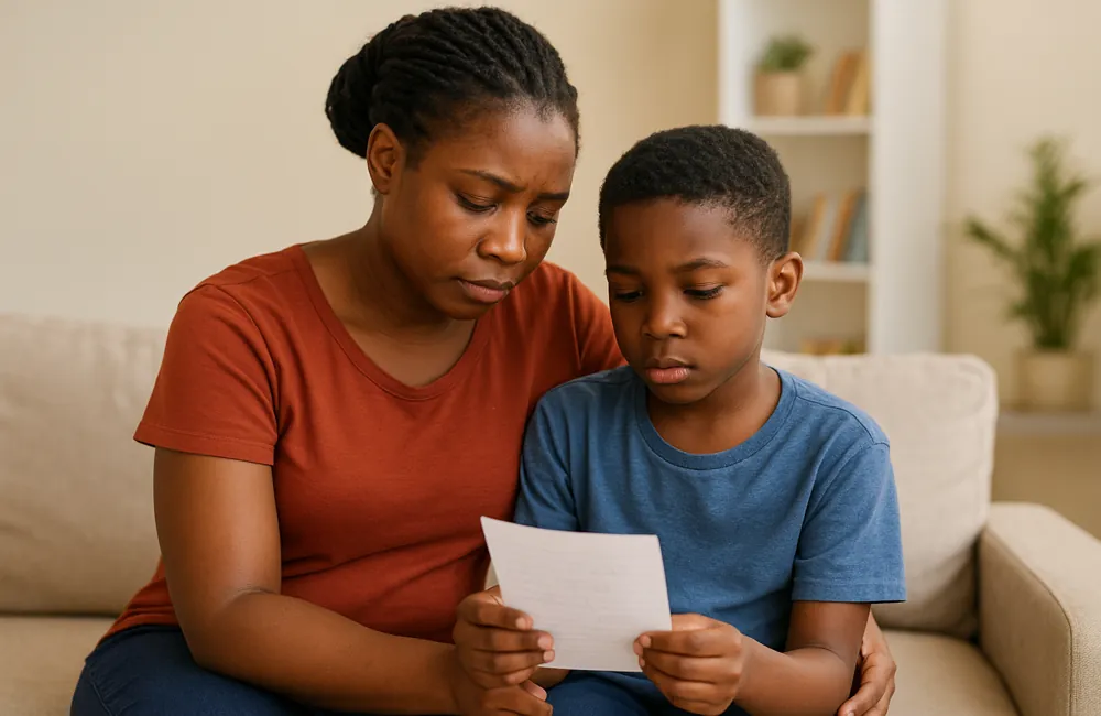 African mother holding her toddler, observing early signs of autism such as limited eye contact and delayed response