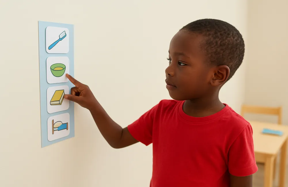 Autistic child following a picture chart on the wall with daily routine steps