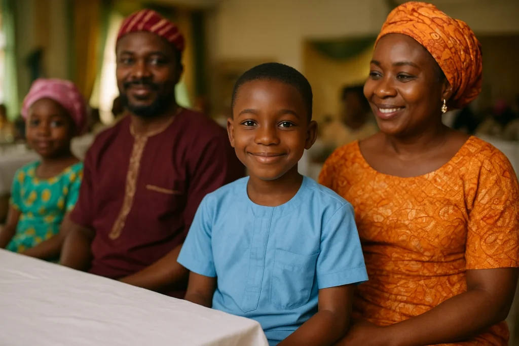 Autistic child sitting with family at a Nigerian gathering, smiling calmly