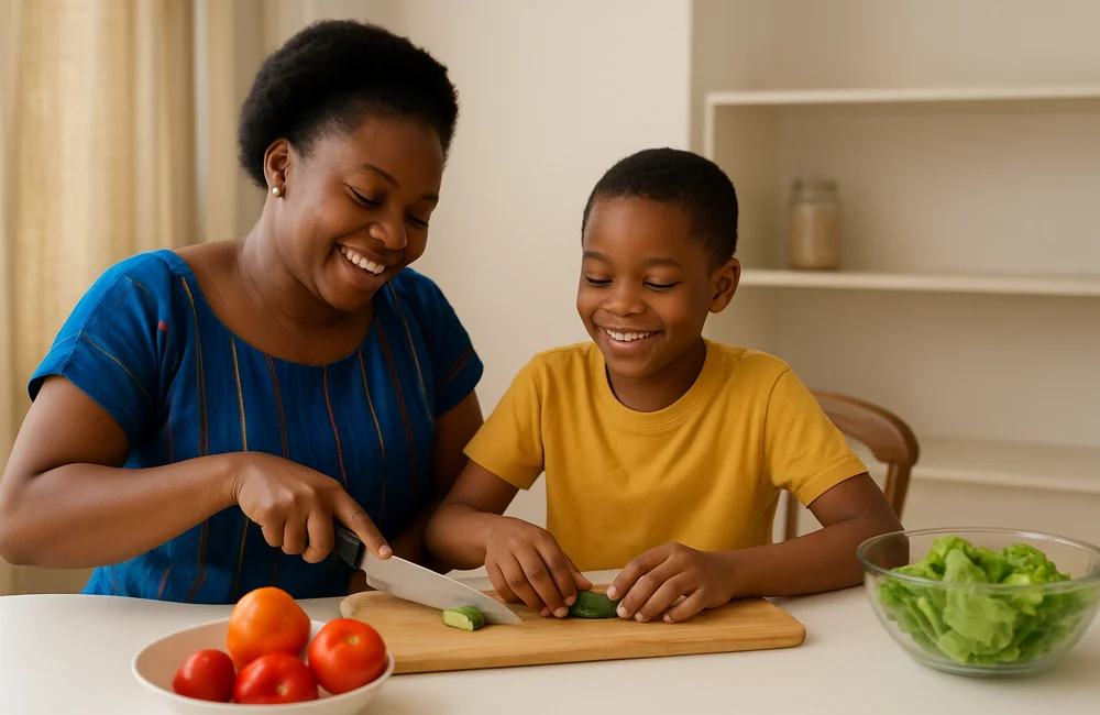 Nigerian mother and autistic child smiling together while preparing food at home