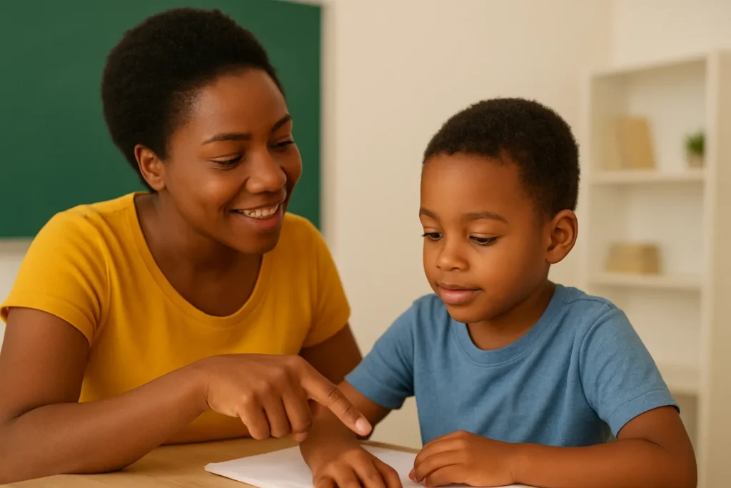 Autistic child smiling while playing with a friend under a teacher’s guidance
