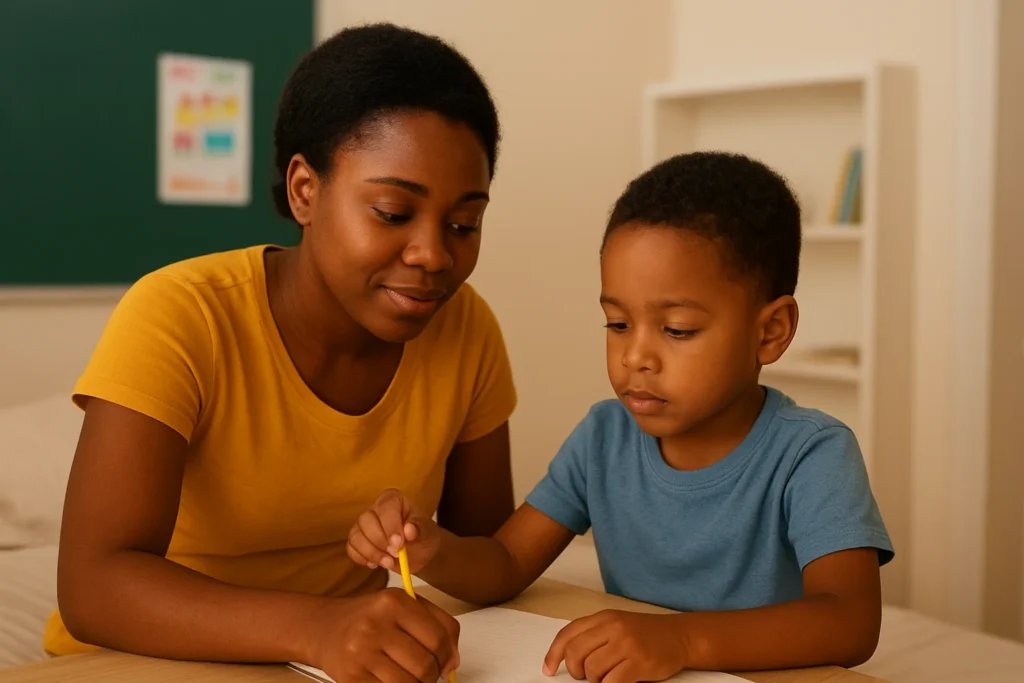 “Teacher helping an autistic child focus during class in a calm, colorful Nigerian classroom.”