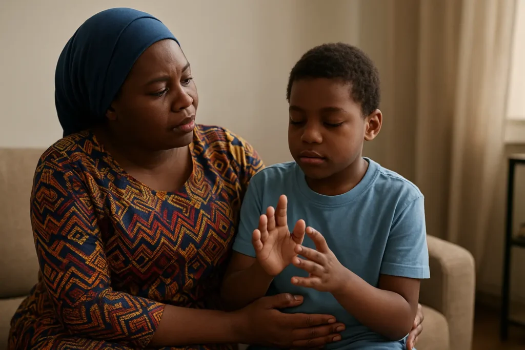 Nigerian parent watching their autistic child stim in a calm, supportive environmen